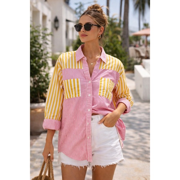 Lulus Tops - Colorblock Yellow Pink Stripe Cotton Button Down Dopamine Coastal‎ Preppy SZ XL